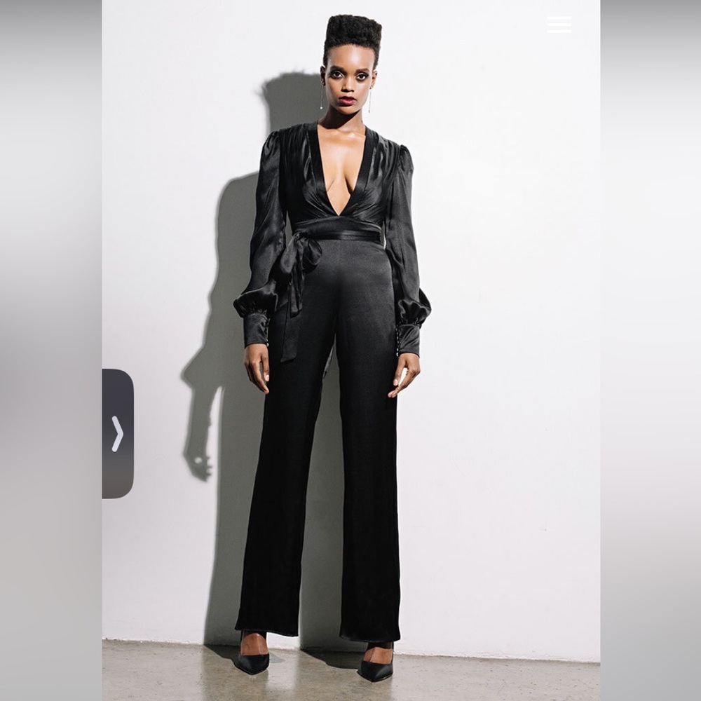 Black Silk Charmuse Jumpsuit Tyler Minor Tie Waist ASO Nora Collins XS/4 Cocktai